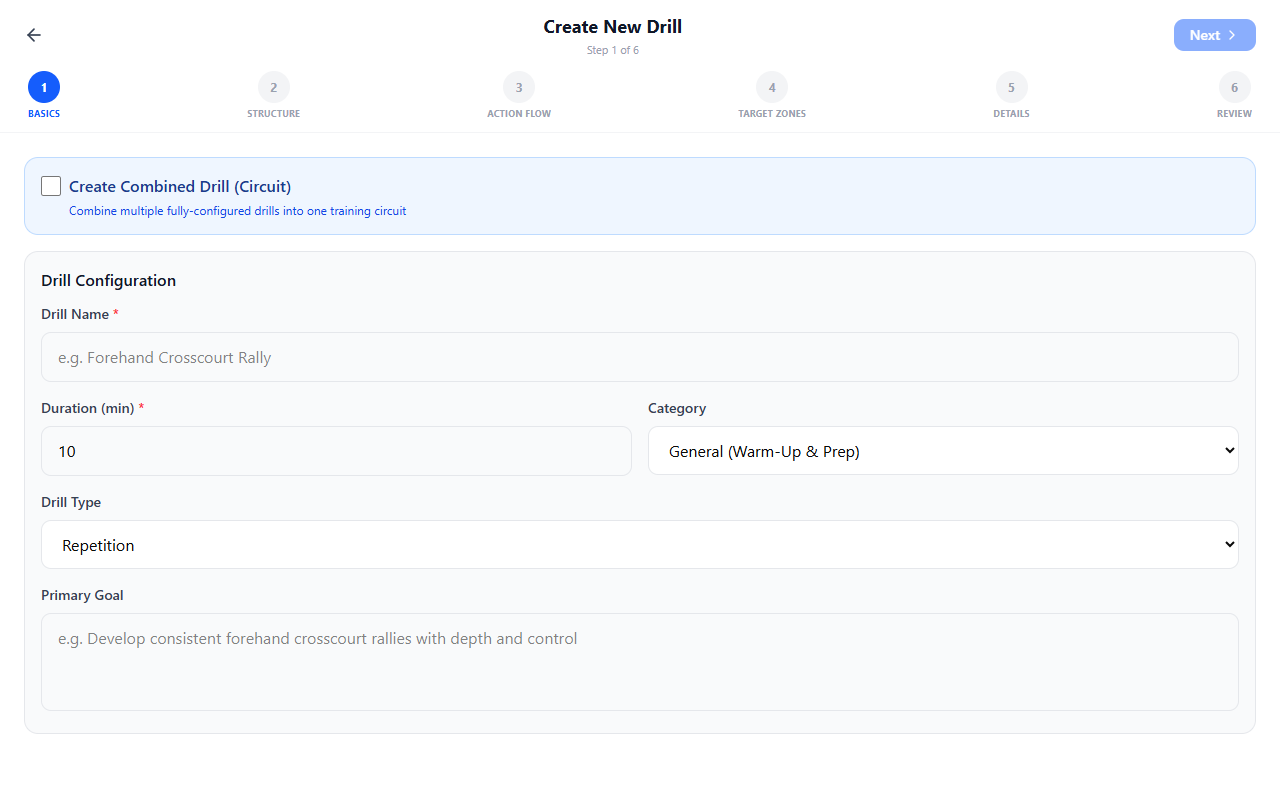 Basics — name, duration, category, drill type, and primary goal