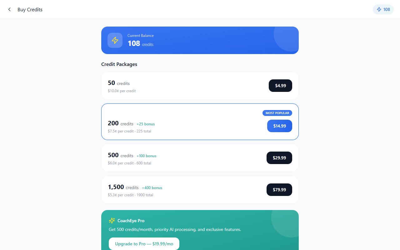Buy Credits — packages, pricing, subscription option