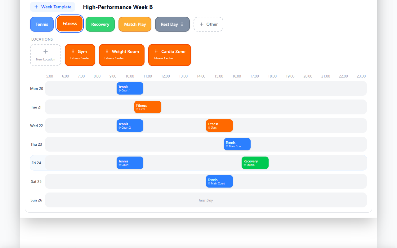 Weekly schedule — Mon–Sun timeline with session blocks