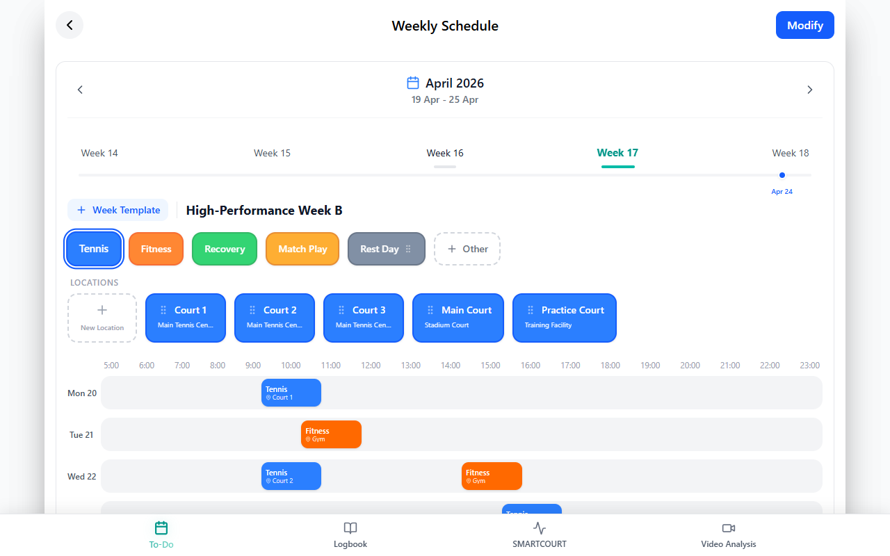 Weekly Schedule header, week strip, and start of the body