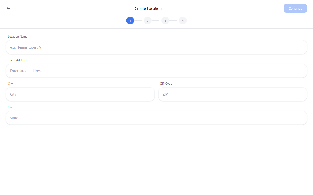 Create Location — step 1 with name and address fields