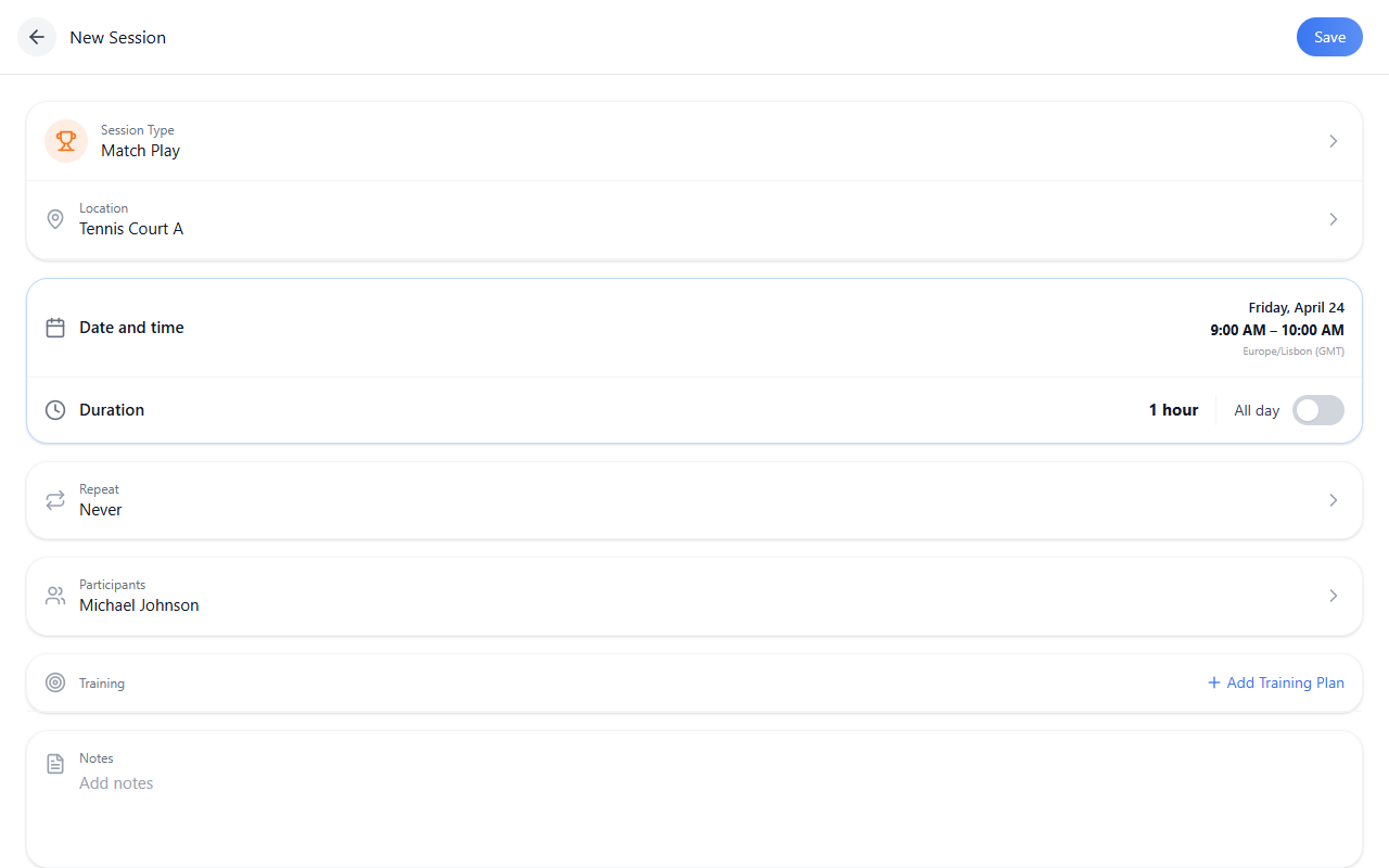 New Session form with Match Play selected — type, time, and session context