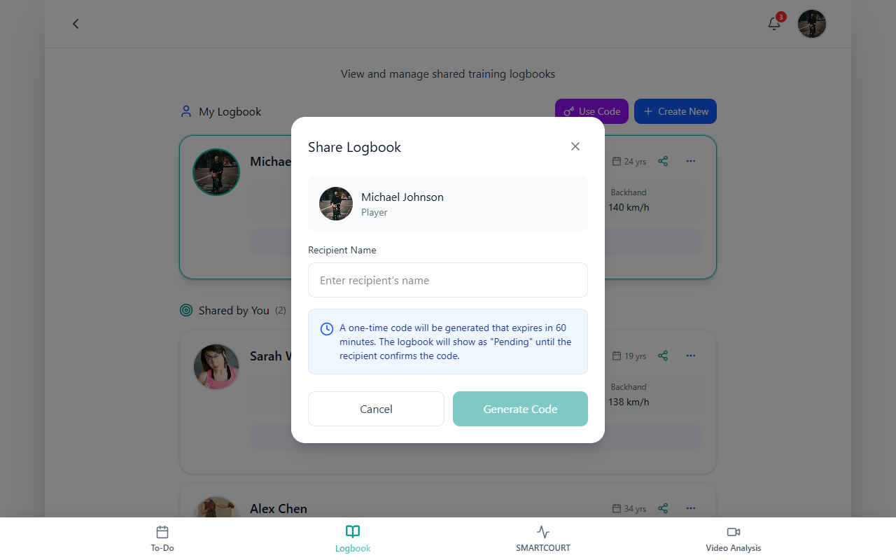 Share Logbook — recipient and generate code