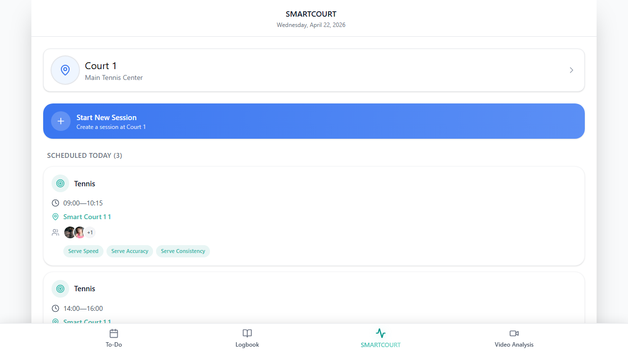 Smart Court — venue, scheduled events, and Start New Session