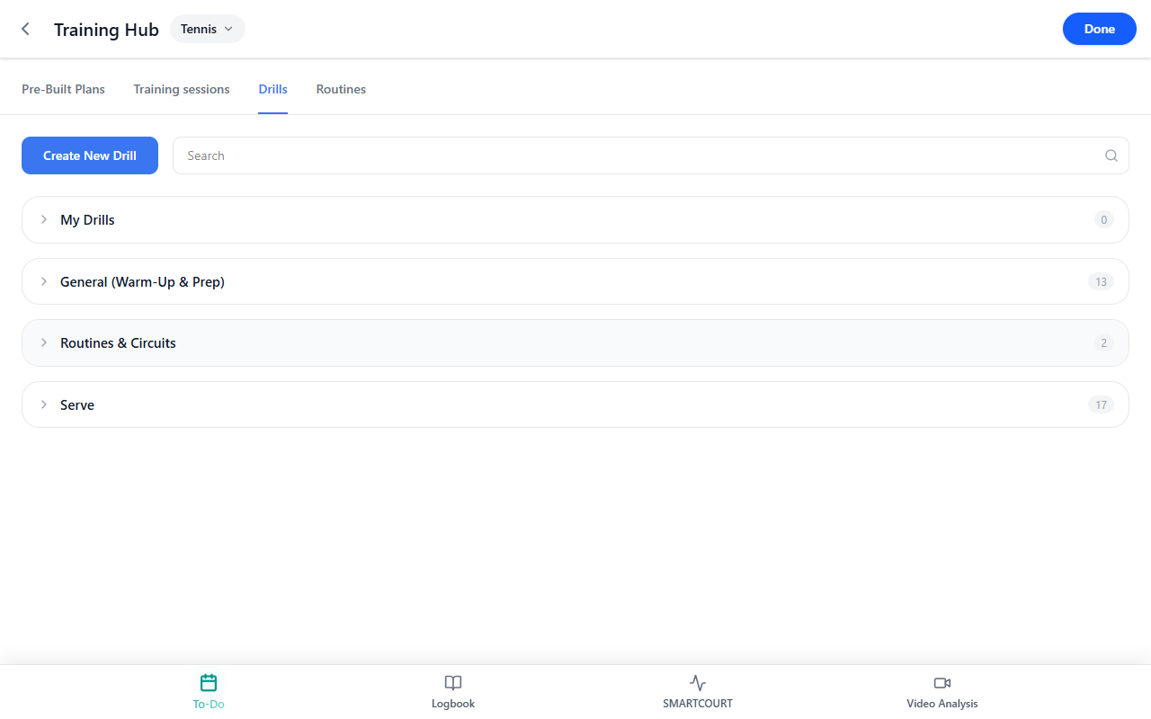 Training Hub — drills library, search, and reusable training content