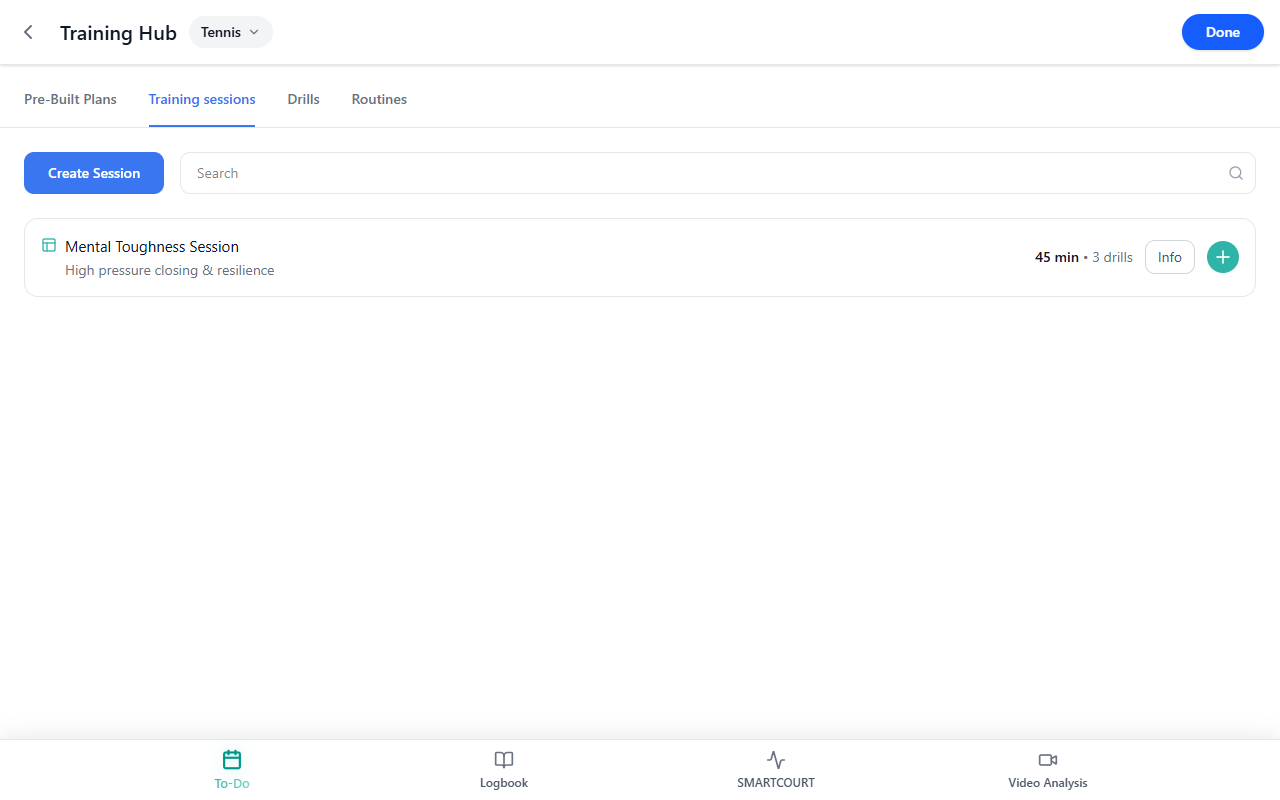 Training sessions tab — saved and templated blocks you can reuse