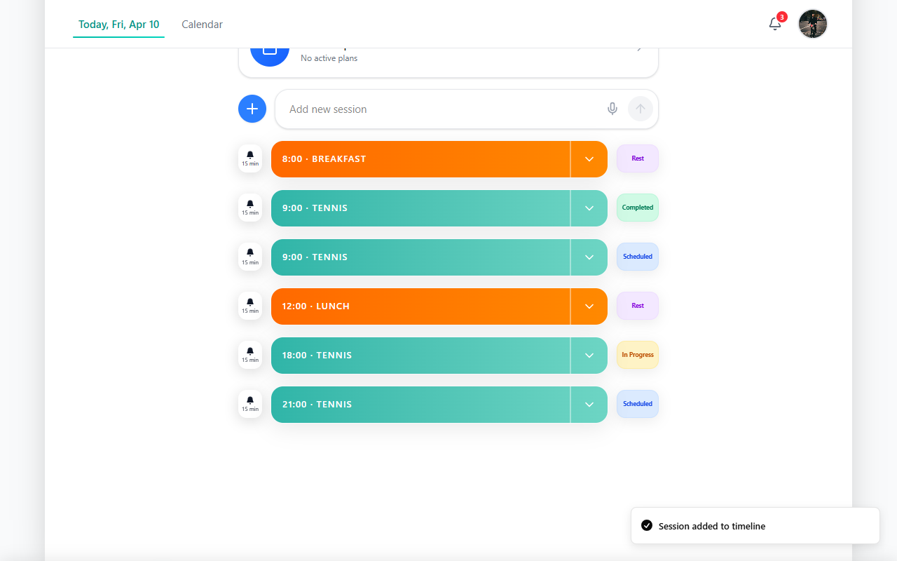 Today timeline showing the new session