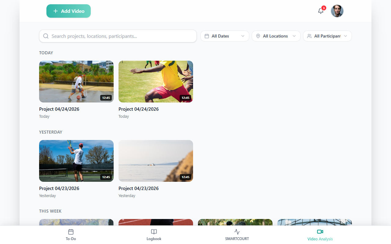 Video Analysis home — Add Video, project cards, search and filters